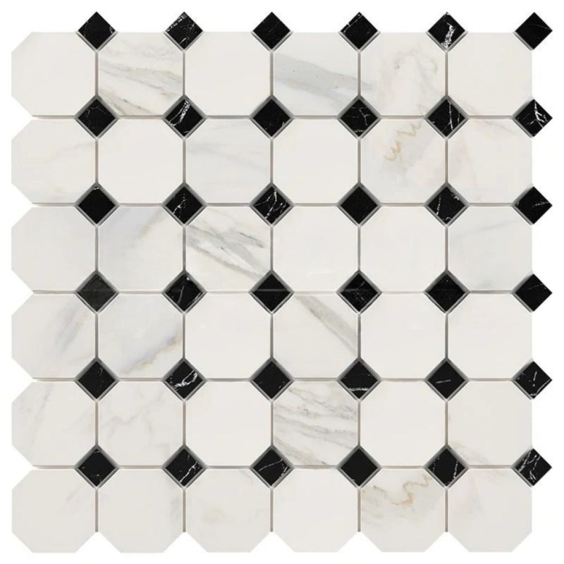 Calacatta Gold Marble Mosaic - Octagon With Black Dots