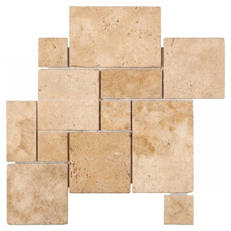 Walnut Cross Cut Travertine Mosaic - Opus Mini Pattern - Tumbled