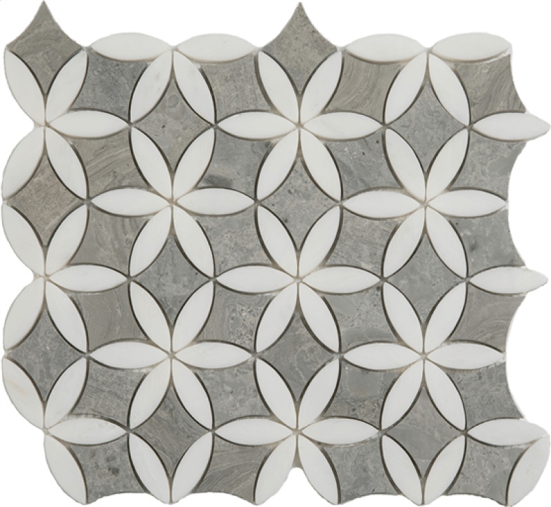 Wooden Silver & Paper White Marble Mosaic - Flora - Natural