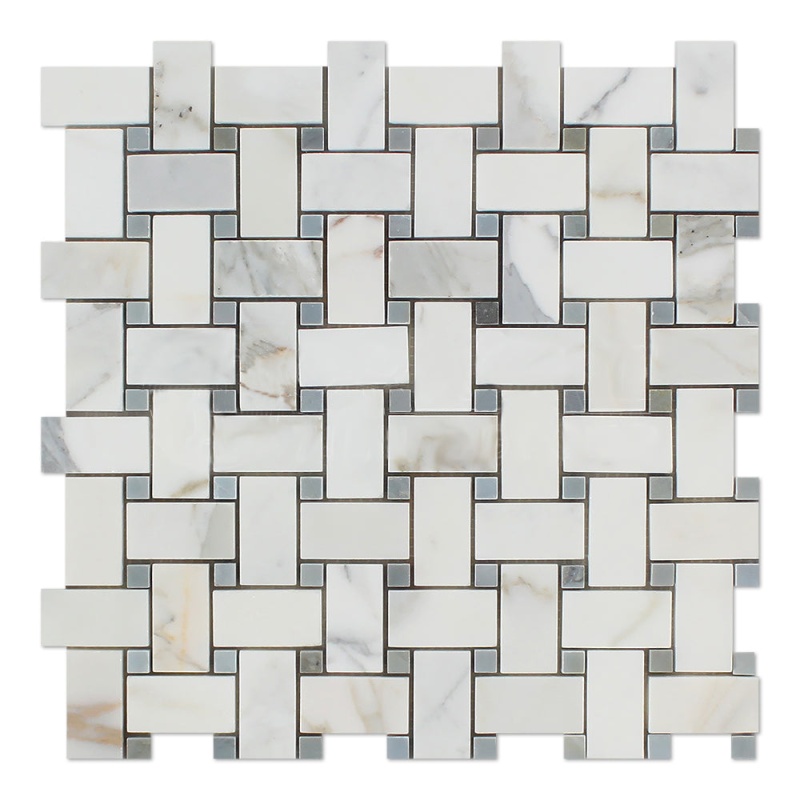 Calacatta Gold Marble Mosaic - Basket Weave With Blue/Gray Dots