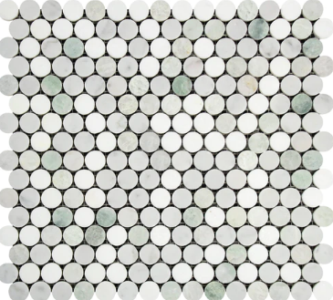 White Carrara Marble Mosaic - Penny Round With Blue/Gray & Thassos