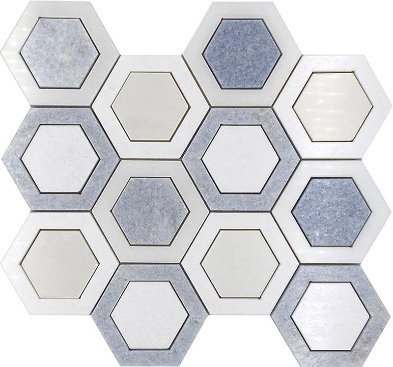 Mykonos Thassos / Blue Celeste / Paper White Marble Mosaic - Ornos - Polished
