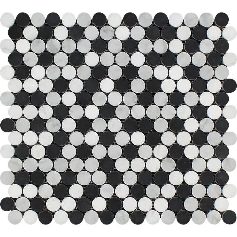 Oriental White Marble Mosaic - Penny Round With Black & Thassos