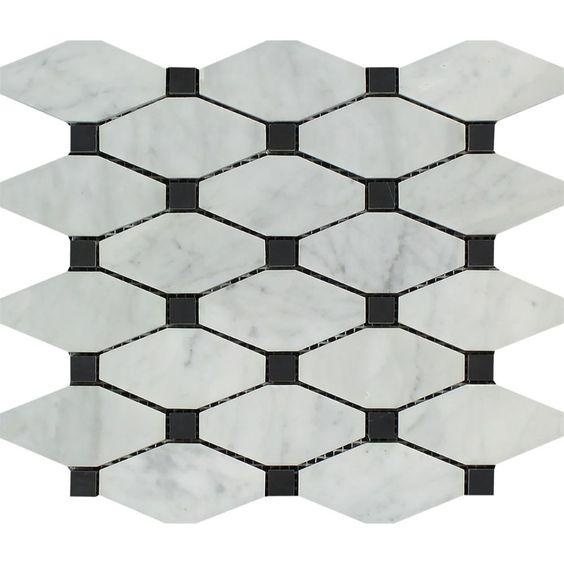 White Carrara Marble Mosaic - Elongated Octagon With Black Dots