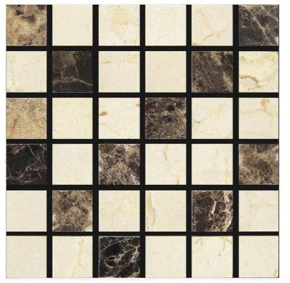 Emperador Dark Marble Mosaic - 2" X 2" With Crema Marfil & Emperador Light - Polished