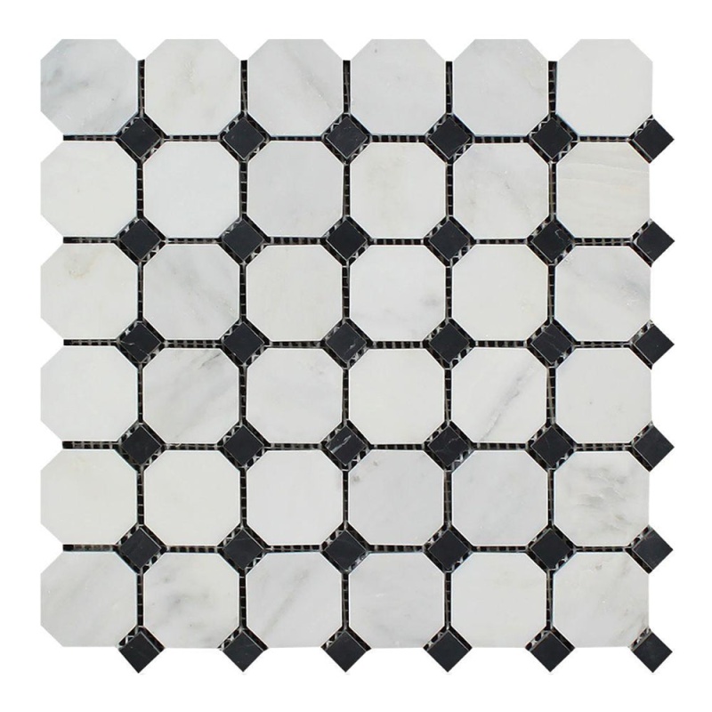 Oriental White Marble Mosaic - Octagon With Black Dots