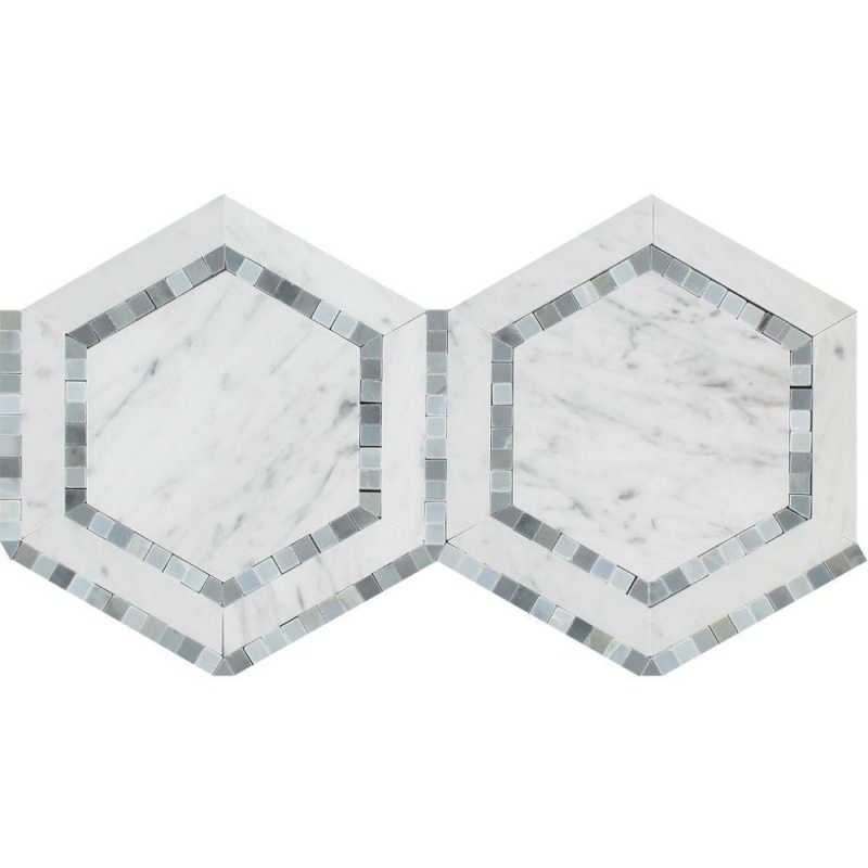 White Carrara Marble Mosaic - 5" Hexagon With Blue/Gray