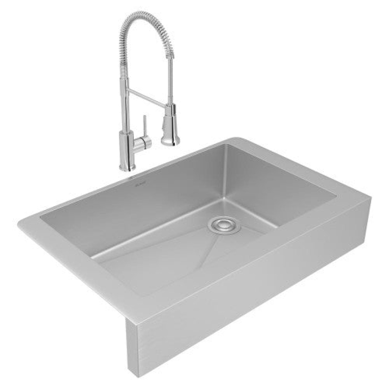 Ectruf30179rfcc Crosstown Stainless Steel Farmhouse Single Bowl Kitchen Sink - 35 7/8" X 20 1/4" X 9" With Deep Strainer Drain And Faucet - Stainless Steel
