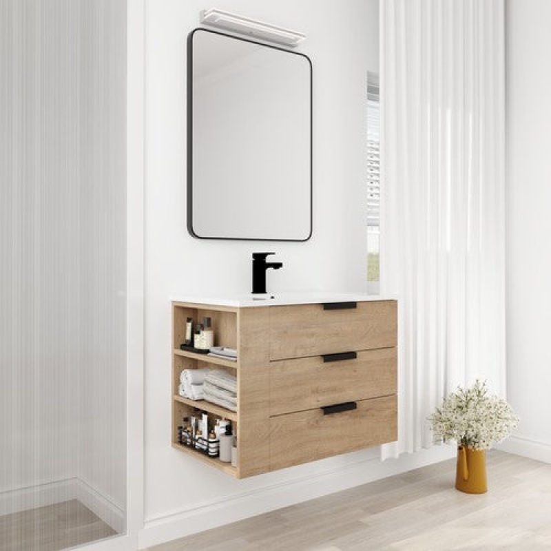 Imitative Oak Plywood Floating Single Sink Bathroom Vanity With Resin Top - 18.3" (Assembled) - Imitative Oak