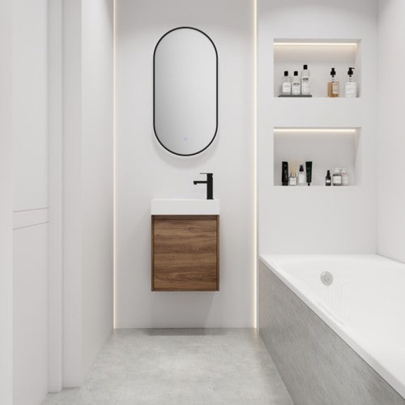 Brown Plywood Wall Mounted Single Sink Bathroom Vanity With Ceramic Top