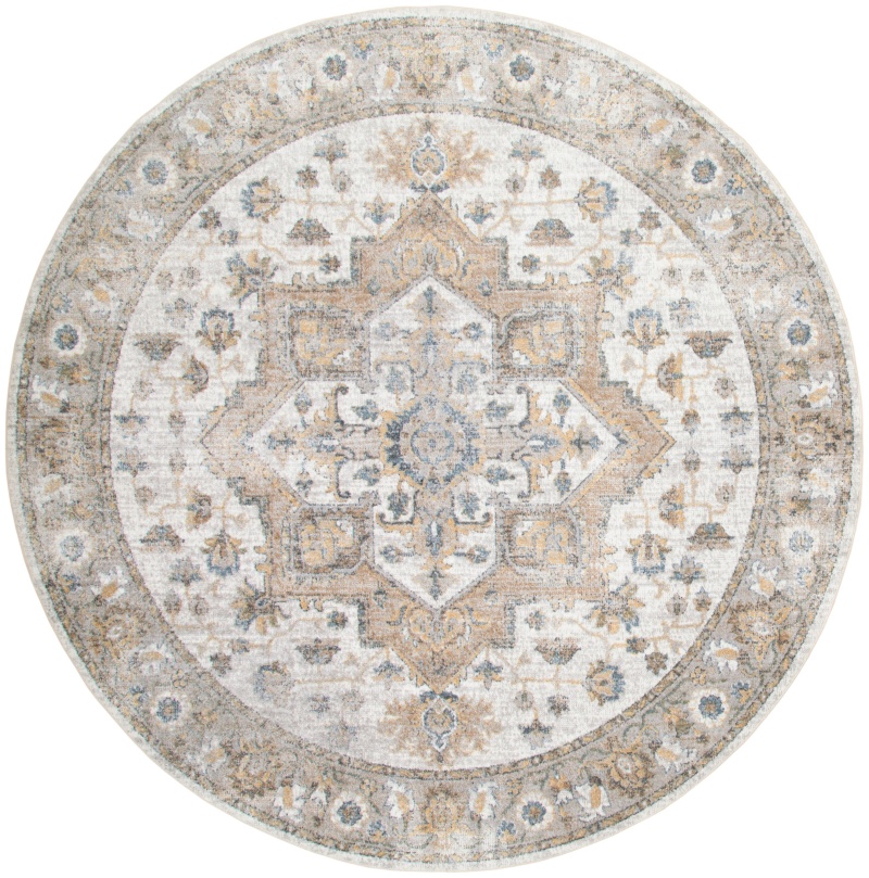 Astra ASW12 Silver Grey Machine Washable Polyester Vintage Area Rug, 5 Ft Round