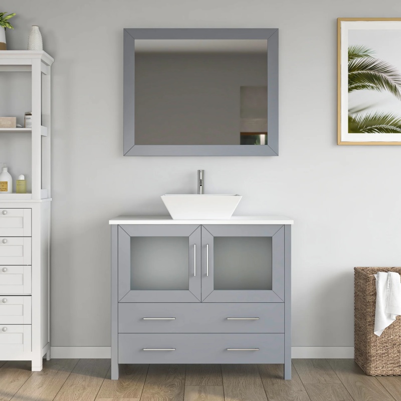 Cvc Grey Solid Wood With White Engineered Marble Top And Mirror Cvc36 Bathroom Cabinet - 36" X 18.5" X 36" - Grey