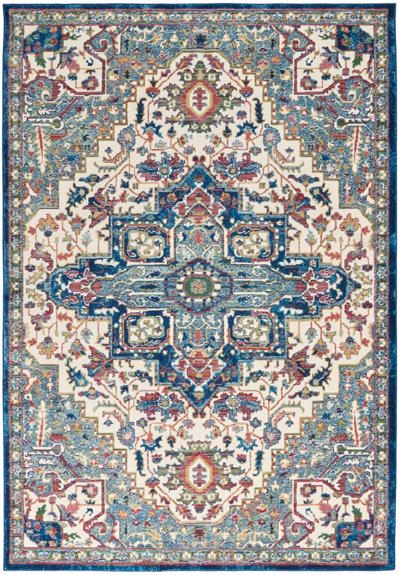 Ivory Navy Bohemian Area Rug 5 Ft x 8 Ft