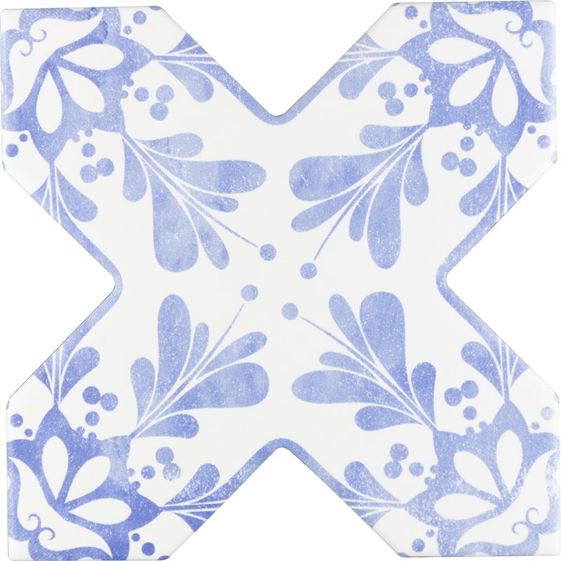 Moorish Blue Cross Deco Ceramic Tile - Matte - 5.35" X 5.35"