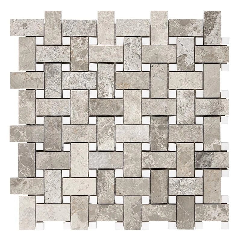 Atlantic Gray Marble Mosaic - Basket Weave With White Dots
