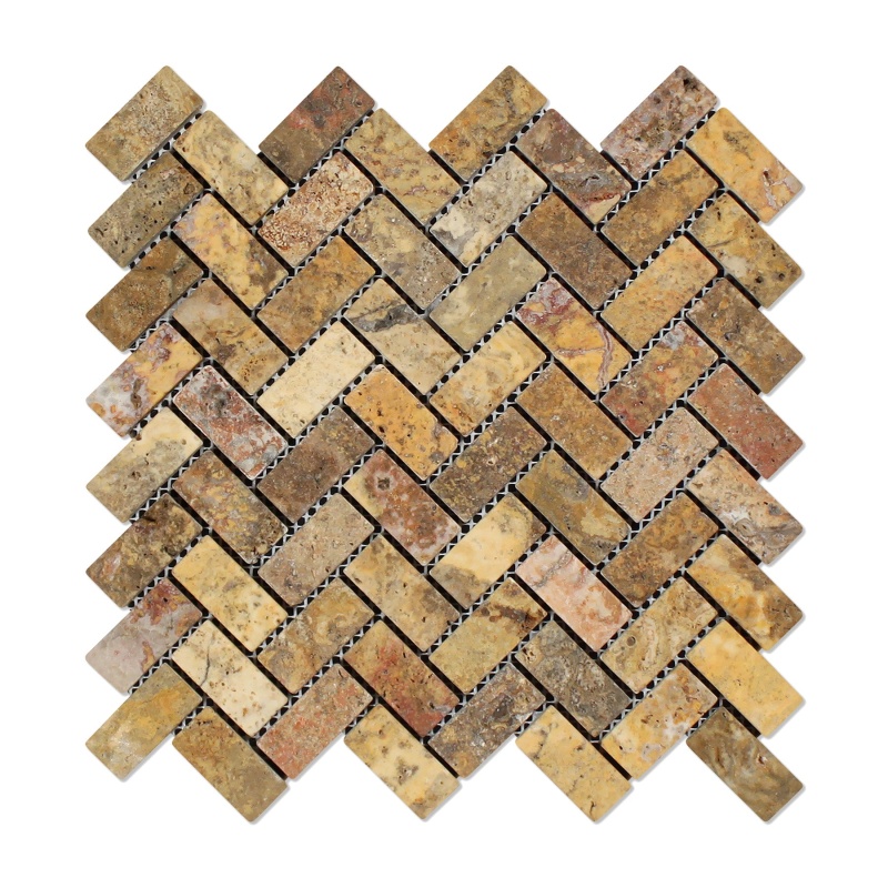Scabos Cross Cut Travertine Mosaic - 1" X 2" Herringbone - Tumbled