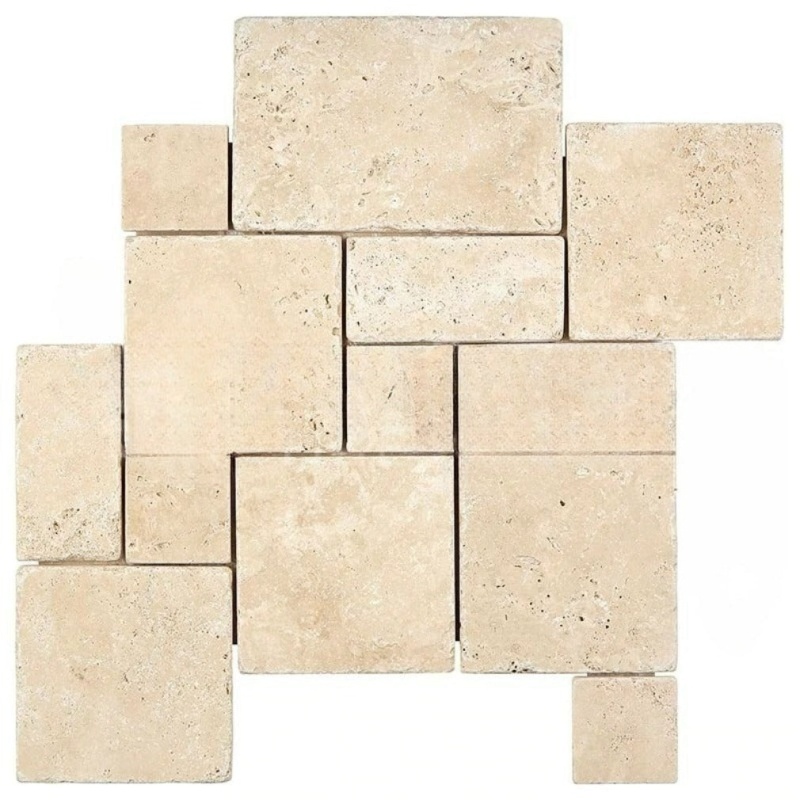 Ivory Cross Cut Travertine Mosaic - Opus Mini Pattern - Tumbled