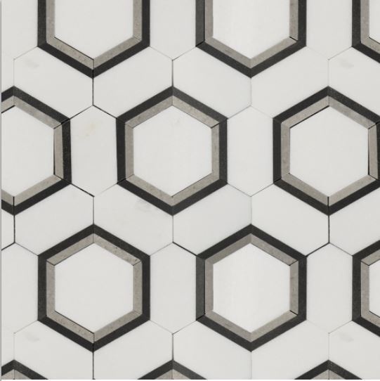 Luxe Thassos White With Black Basalt & Palladium Grey Border Marble Mosaic - Infinity Hexagon - Polished