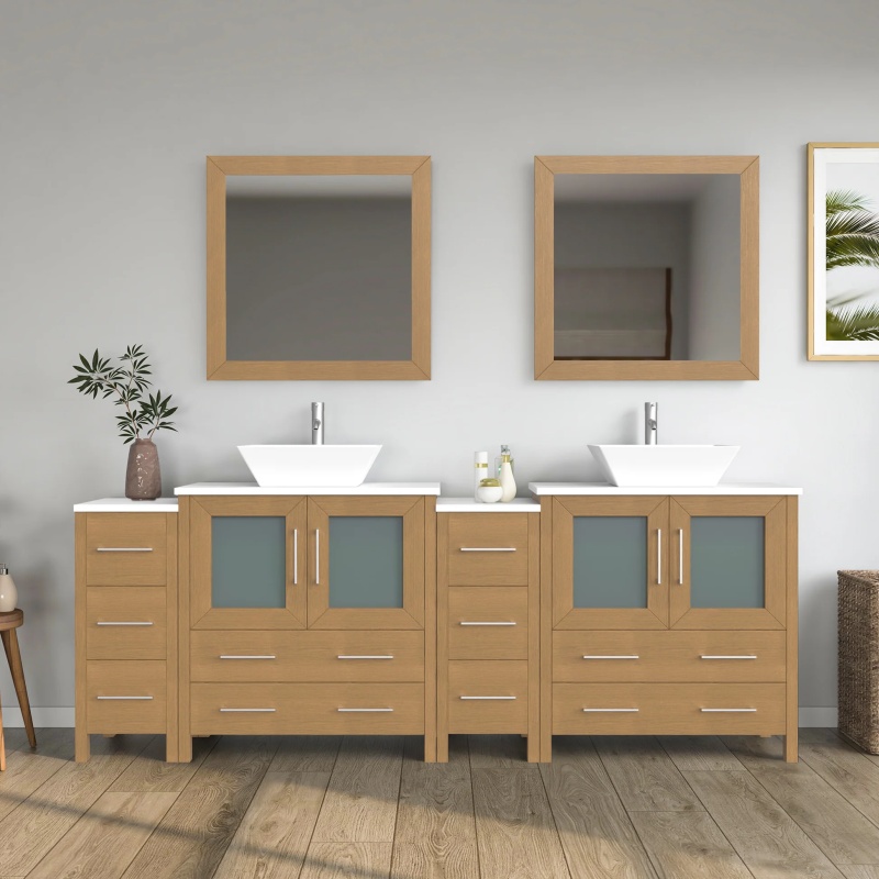 Cvc Natural Oak Solid Wood With White Engineered Marble Top And Mirrors Cvc30 Vanity Cabinet - 84" X 18.5" X 36" - Natural Oak