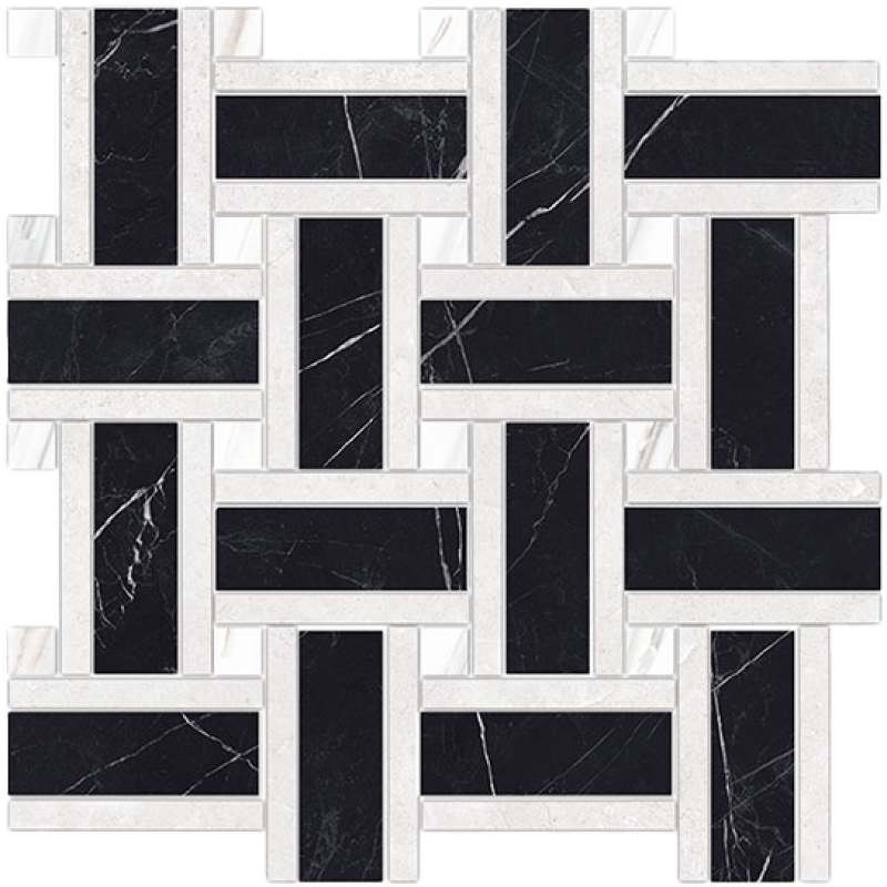 Marquina Black-White Porcelain Mosaic - Basket Weave - Polished