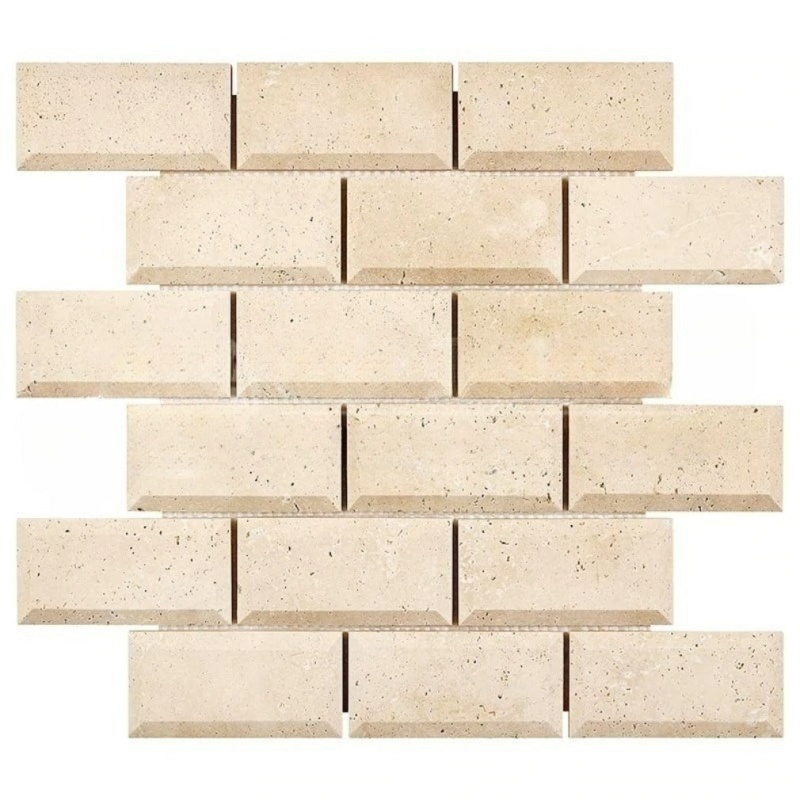 Ivory Cross Cut Travertine Mosaic - 2" x 4" Beveled Brick
