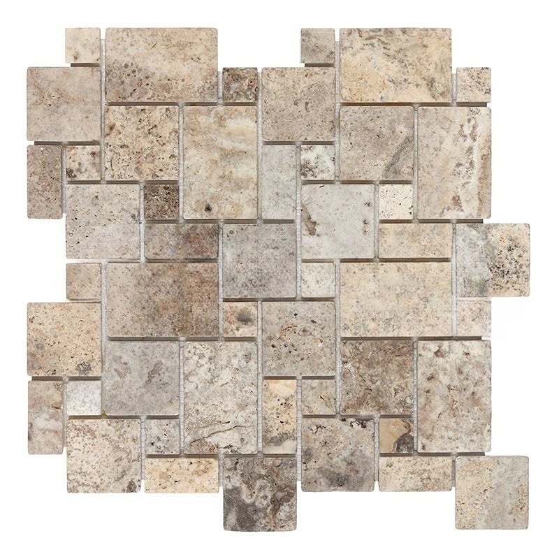Titanium Cross Cut Travertine Mosaic - Mini Versailles Pattern - Tumbled