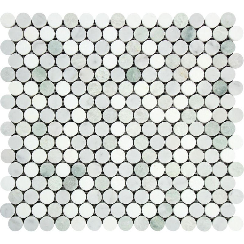 Thassos White Marble Mosaic - Penny Round With Ming Green & Carrara