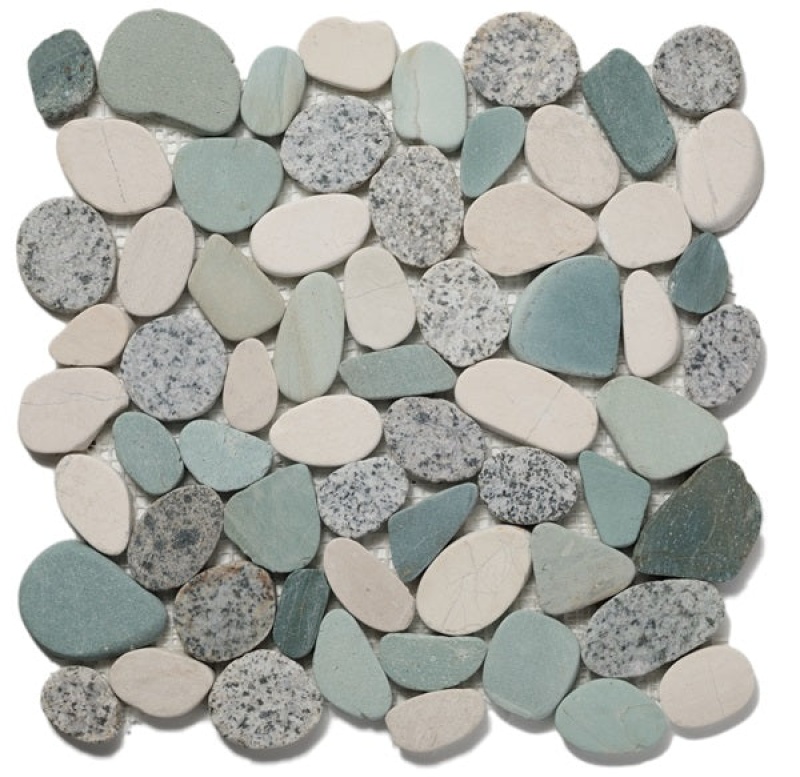 Aquatica Ocean Stone Sliced Robins Egg Blend Natural Stone Mosaic - Pebble - Matte