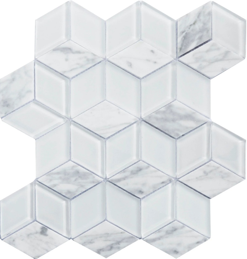Strato Carrara 3D Marble & Glass Mosaic - Cube - Cube