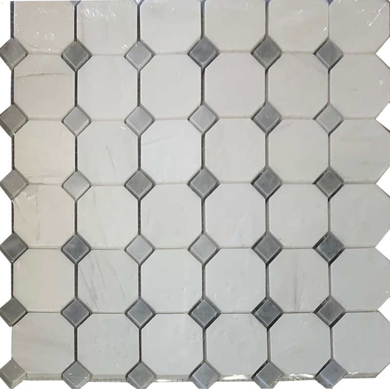 Bianco Dolomite Marble Mosaic - Octagon With Blue/Gray Dots