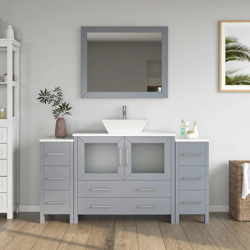 Cvc Grey Solid Wood With White Engineered Marble Top And Mirror Cvc36 Bathroom Cabinet - 60" X 18.5" X 36" - Grey
