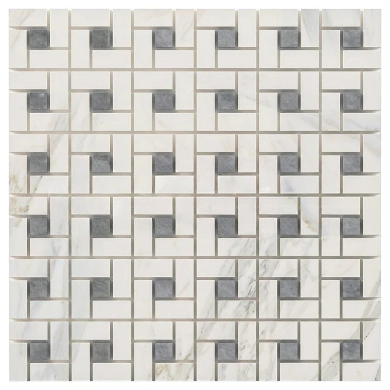 Calacatta Gold Marble Mosaic - Pinwheel With Blue/Gray Dots