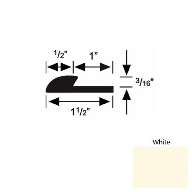 Solid 34 White Rubber Underlap Carpet Edge - 1 1/2" X 9 Ft (108") X 3/16"