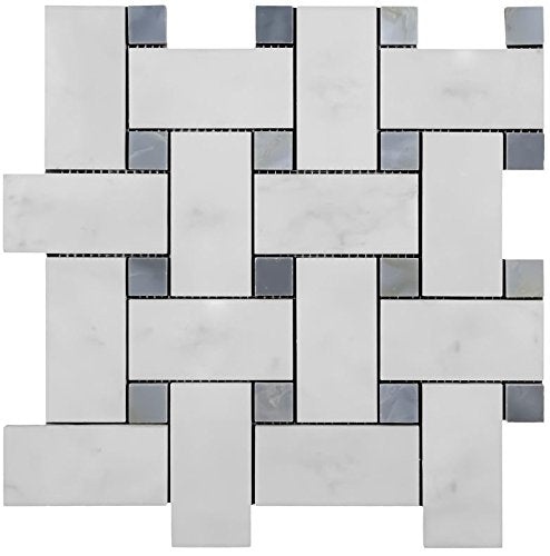 White Carrara Marble Mosaic - Large Basket Weave With Gray Dots