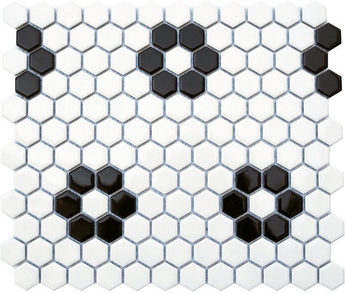 Black & White Flower Porcelain Mosaic - 1" Hexagon Matte