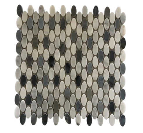 Oriental White Marble Mosaic - Ellipse Oval With Blue Stones - Polished