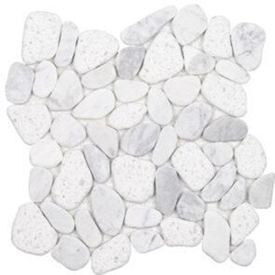 Aquatica Ocean Stone Sliced White Terrazzo Carrara Natural Stone Mosaic - Pebble - Matte