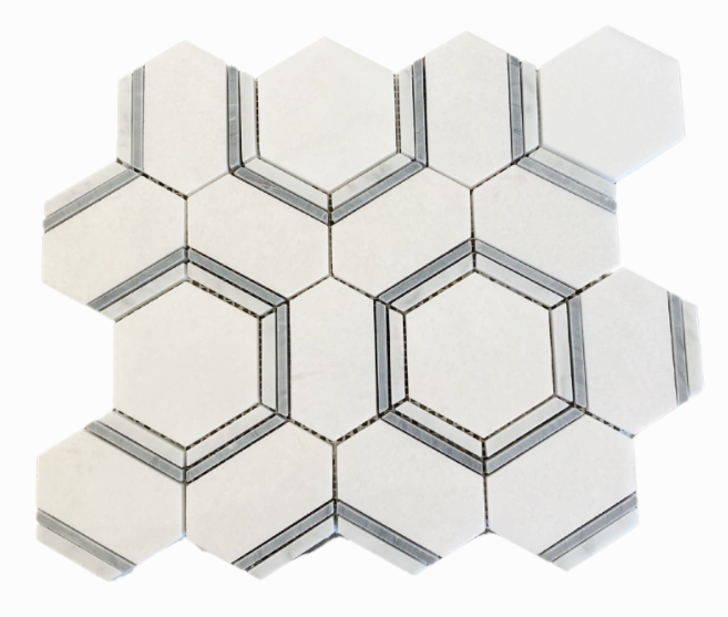 Thassos With Carrara & Gray Marble Mosaic - Favo - Polished