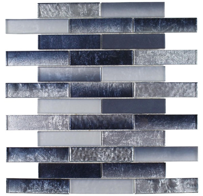 Terra Bella Silver Blue Glass Mosaic - 1" X 4" Staggered - Glossy