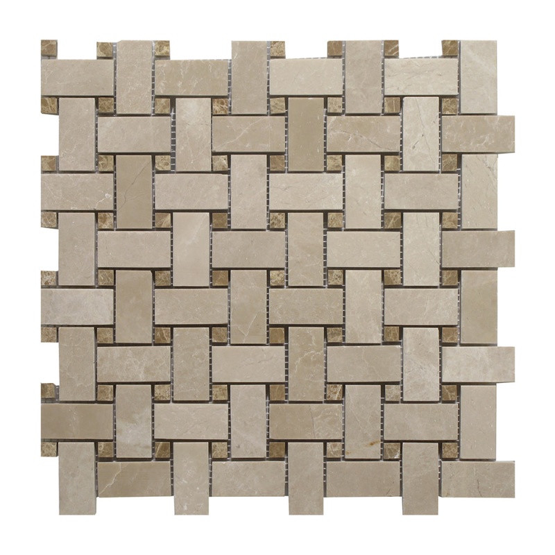 Botticino Marble Mosaic - 1" X 2" Basket Weave With Emperador Light Dots - Polished