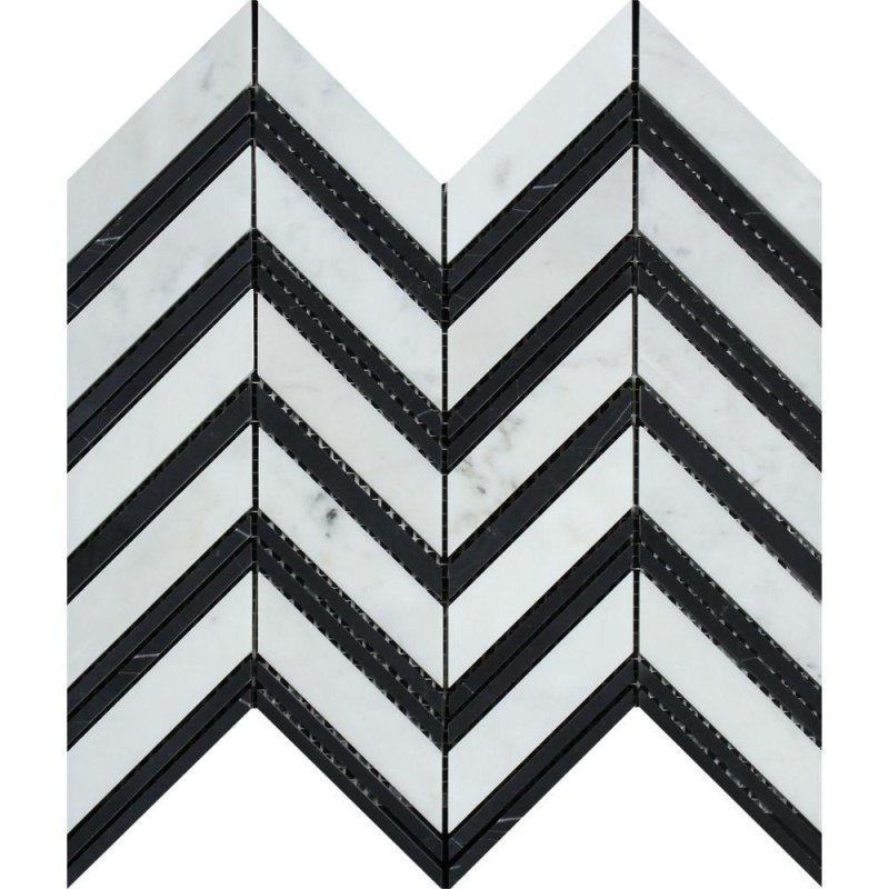 White Carrara Marble Mosaic - Large Chevron With Black