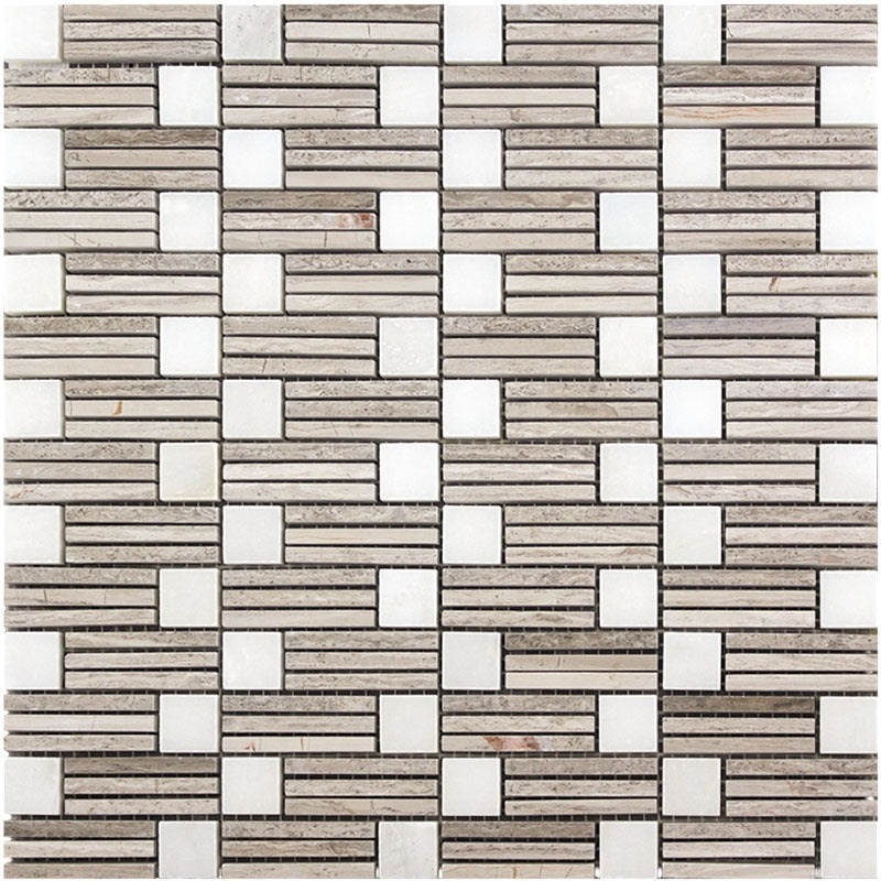 Marbella Eastern White / Wooden Grey Marble Mosaic - Sierra - Polished