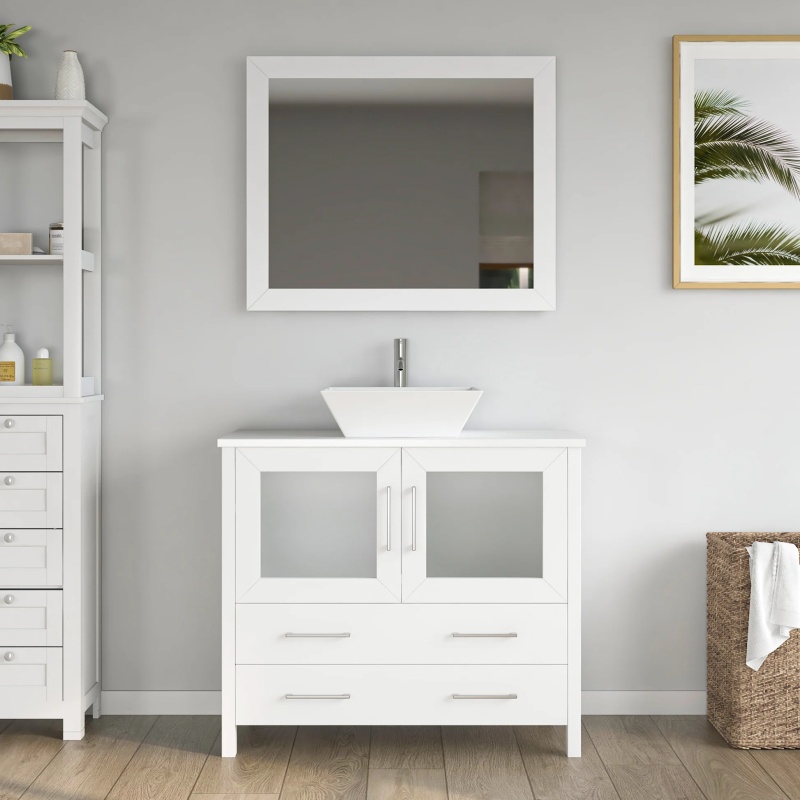 White Solid Wood Bathroom Vanity with Mirror