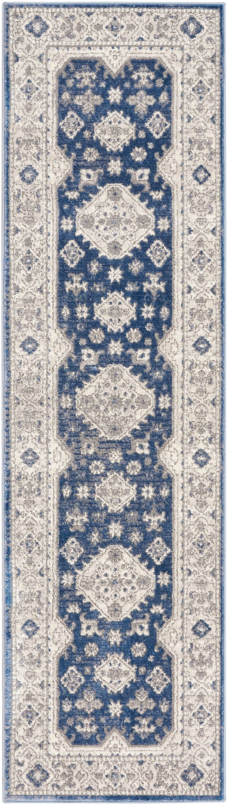 Grey / Navy Polypropylene & Polyester Vintage Area Rug – 8 Ft Runner