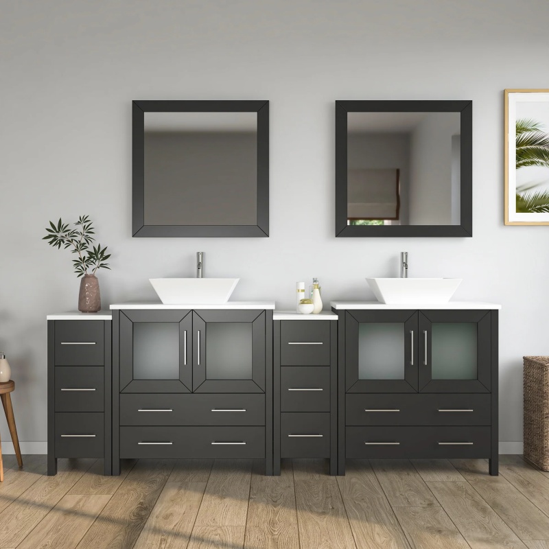 Cvc Espresso Solid Wood With White Engineered Marble Top And Mirrors Cvc30 Vanity Cabinet - 84" X 18.5" X 36" - Espresso