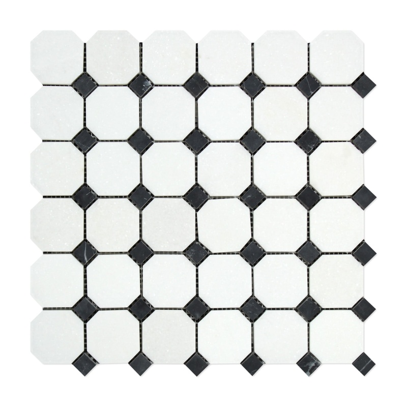 Thassos White Marble Mosaic - Octagon With Black Dots