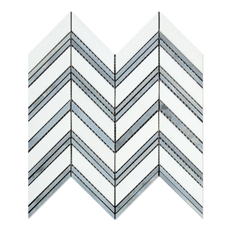 Thassos White Marble Mosaic – Large Chevron With Gray