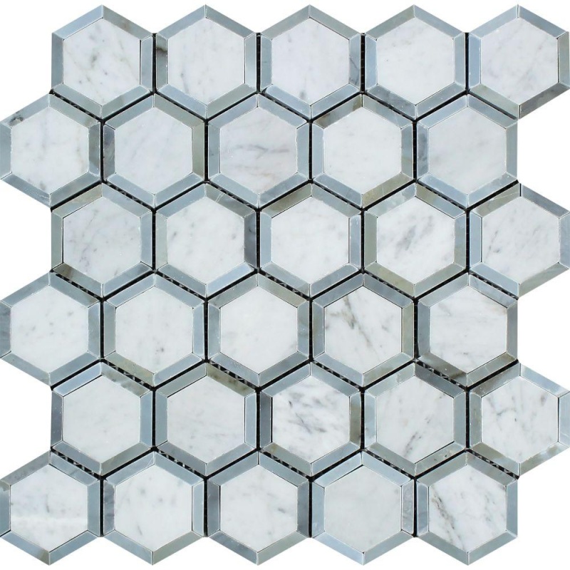 White Carrara Marble Mosaic - 2" x 2" Vortex Hexagon With Blue/Gray