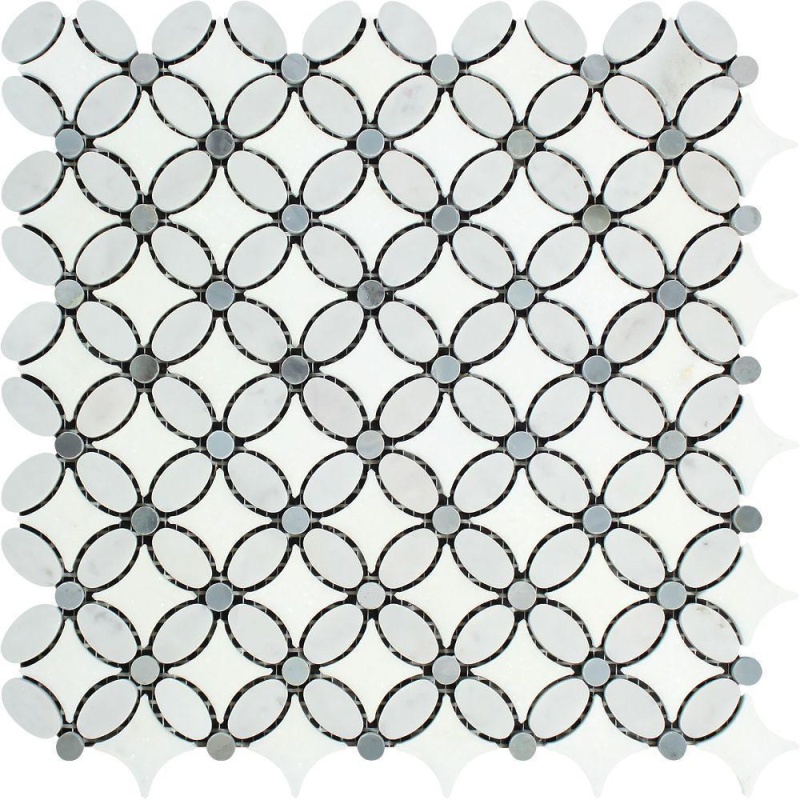 White Carrara Marble Mosaic - Flower With Blue/Gray Dots