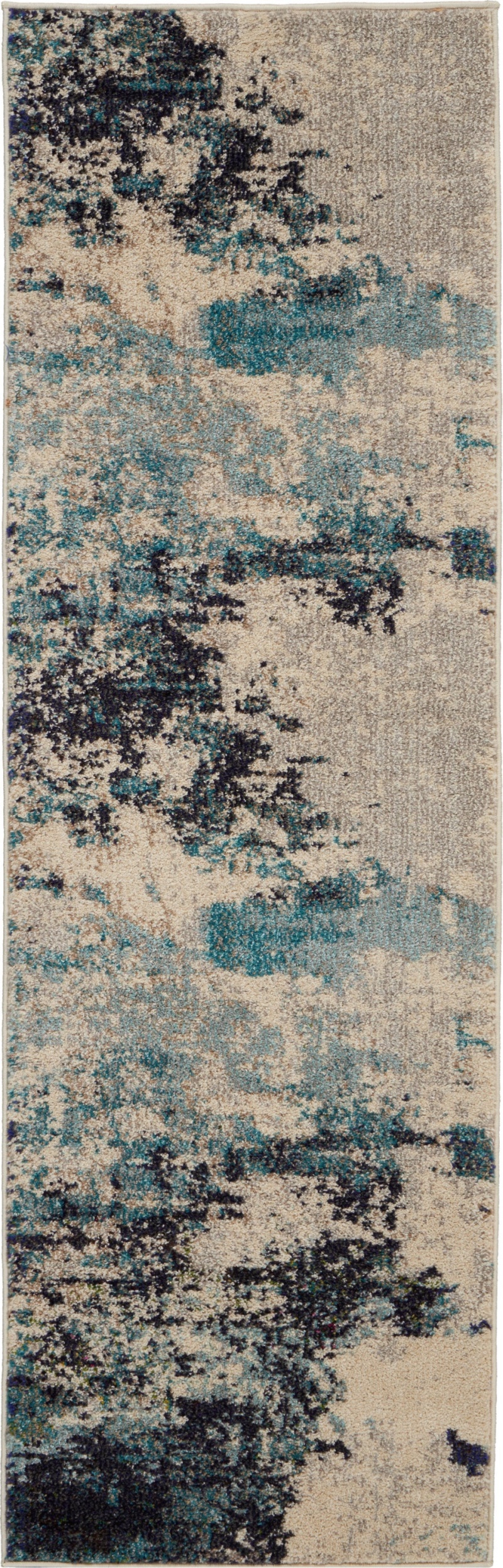 Celestial Ces02 Ivory / Teal Blue Runner Rug